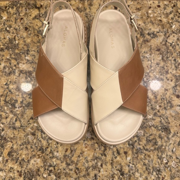 ALOHAS Two-Tone Tan & Cream Cross-Strap Slingback Sandals - Picture 2 of 5